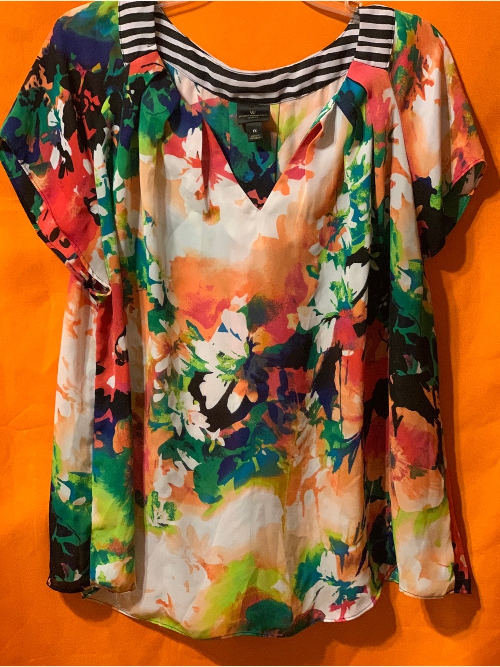 Worthington Multicolor Floral V-Neck Tunic with Striped Trim